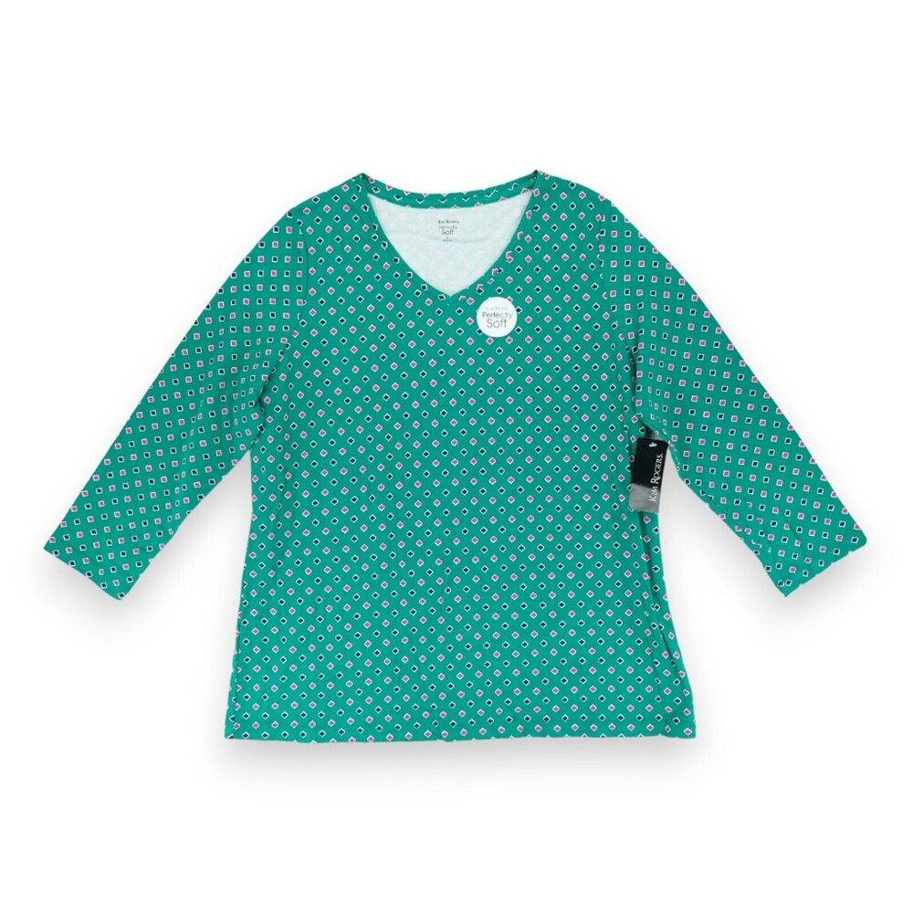 NWT Kim Rodgers Perfectly Soft Tee 3/4 Sleeve V-Neck Geometric Pattern‎ Size L